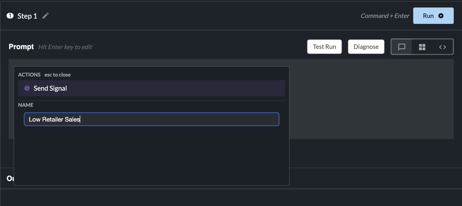 The AI Data Tool prompt editor with the @ Actions menu open, showing Send Signal and a Name field
