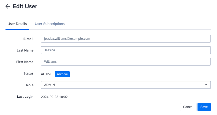 User Details Page in the Users Section of the Administration Area