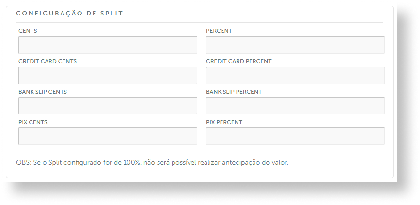 Campos para Configuração do Split durante a Criação de Subconta via Alia