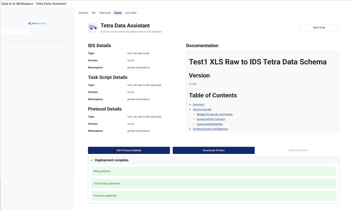 Tetra Data Assistant v1.0.0 Deploy tab