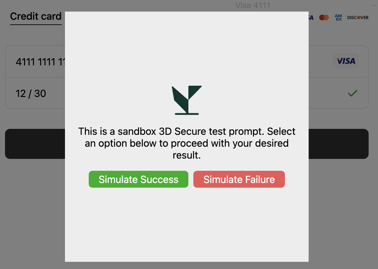 In Rainforest's Sandbox environment, we show a test 3D Secure UI where you can simulate a success or failure.