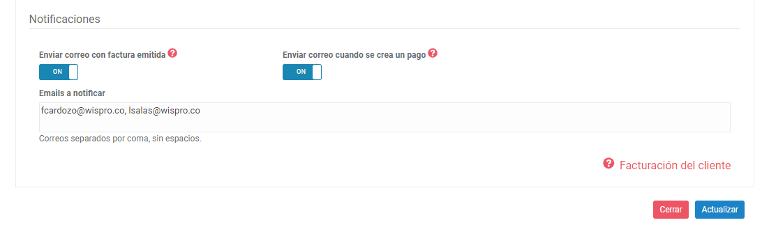 Notificaciones email a enviar a cliente wispro