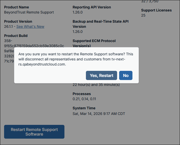 Are you sure you want to restart the Remote Support software? This will disconnect all representatives and customers from paxton-thomas.example.com.
