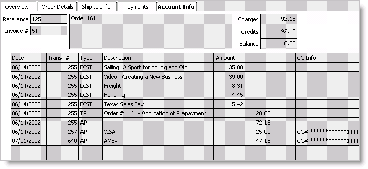 From Orders, select Enter and edit orders, open an invoiced order, and select the Account Info tab