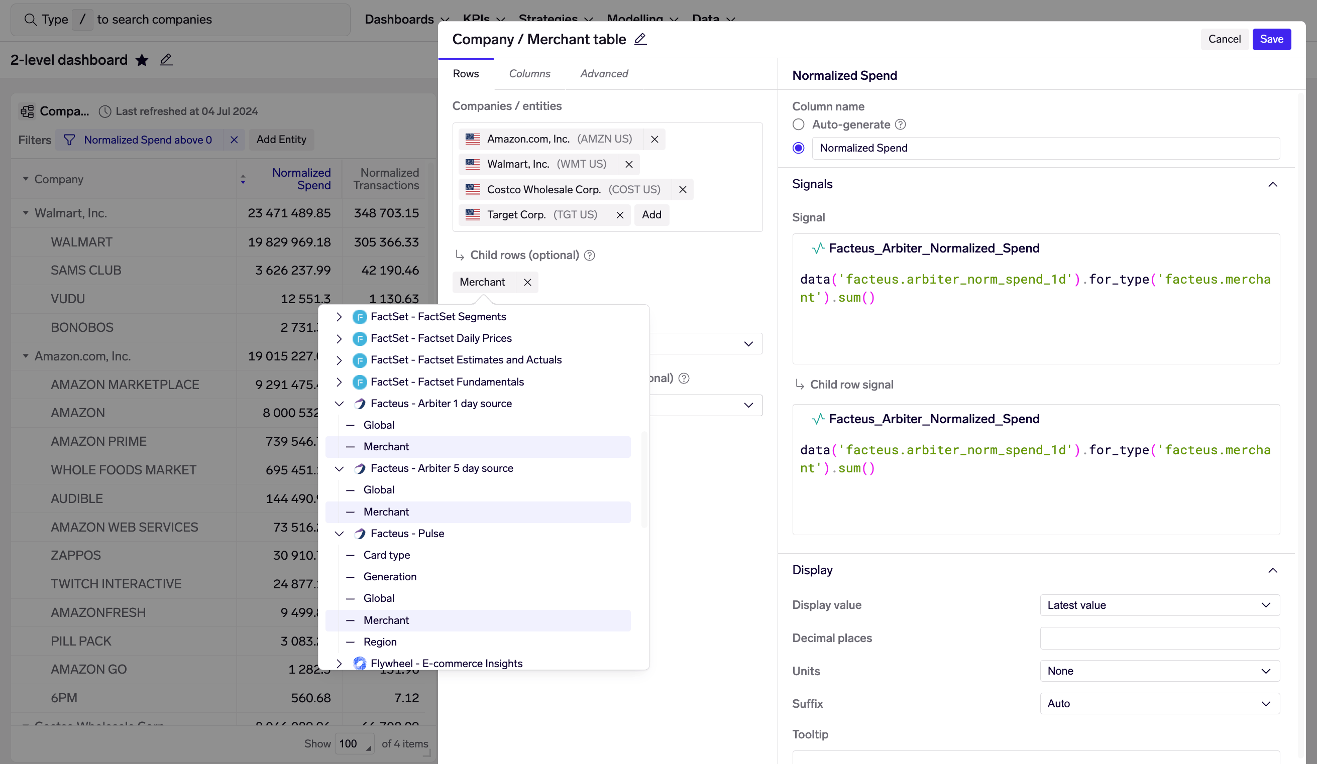 Dashboard table with companies in parent rows and Facteus merchants in child rows.