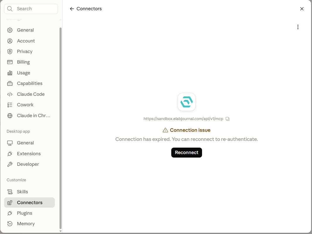 Claude connector page showing Connection issue with a Reconnect button before authentication