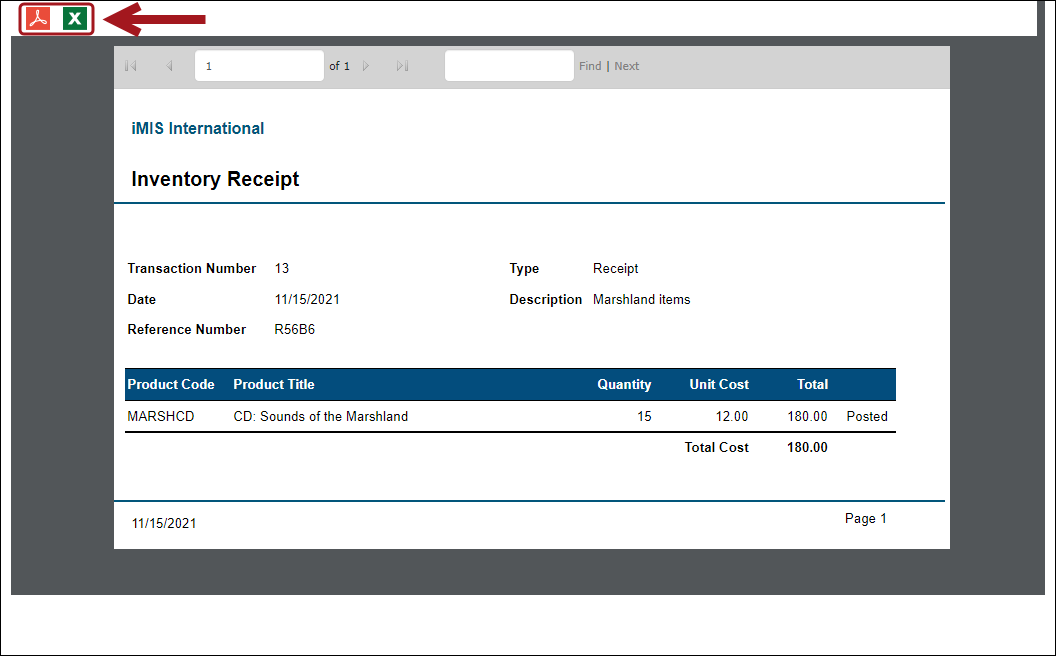 Inventory receipt report with arrows pointing to the export file button
