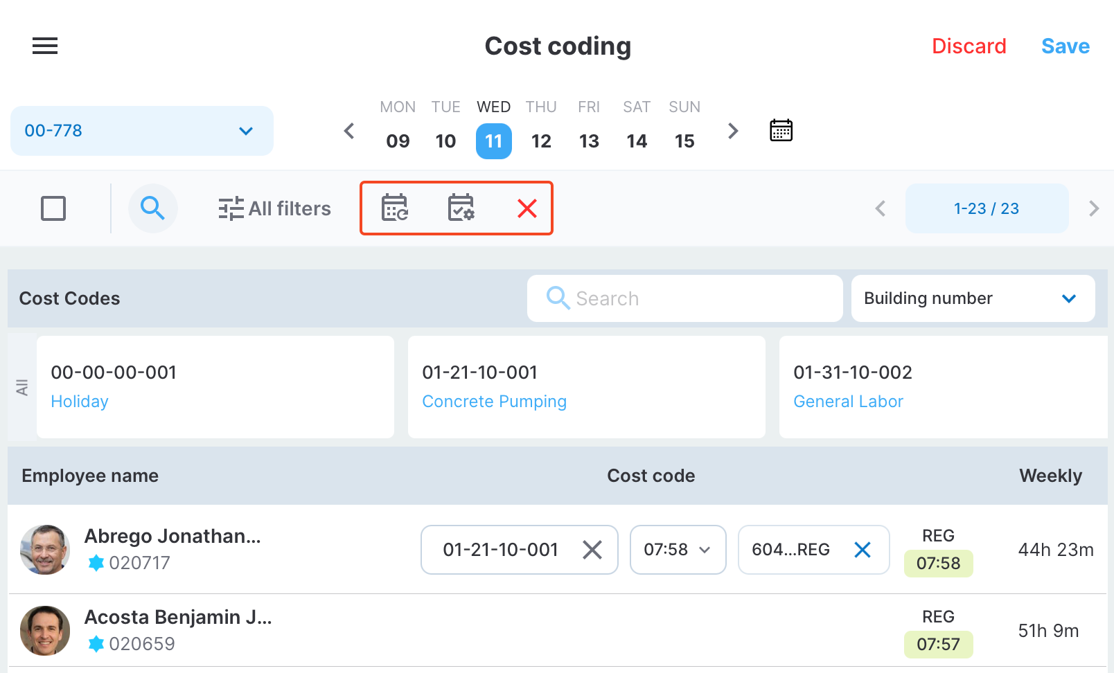 Cost code actions