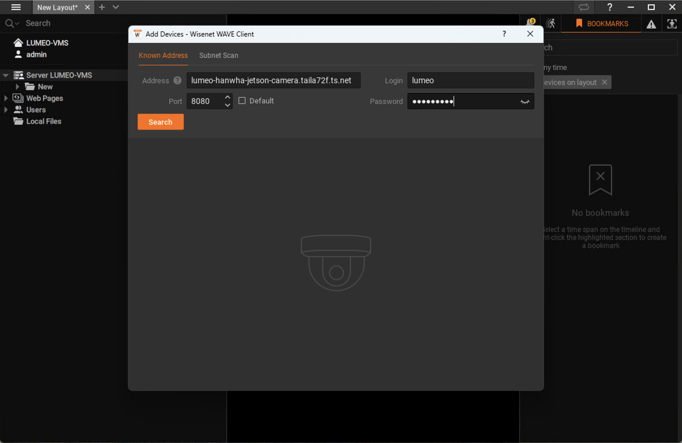 Right click Server -> Add device. Specify camera's IP address,  port `8080`, Login : `lumeo`, Password : `<media password>`. Then click Search.