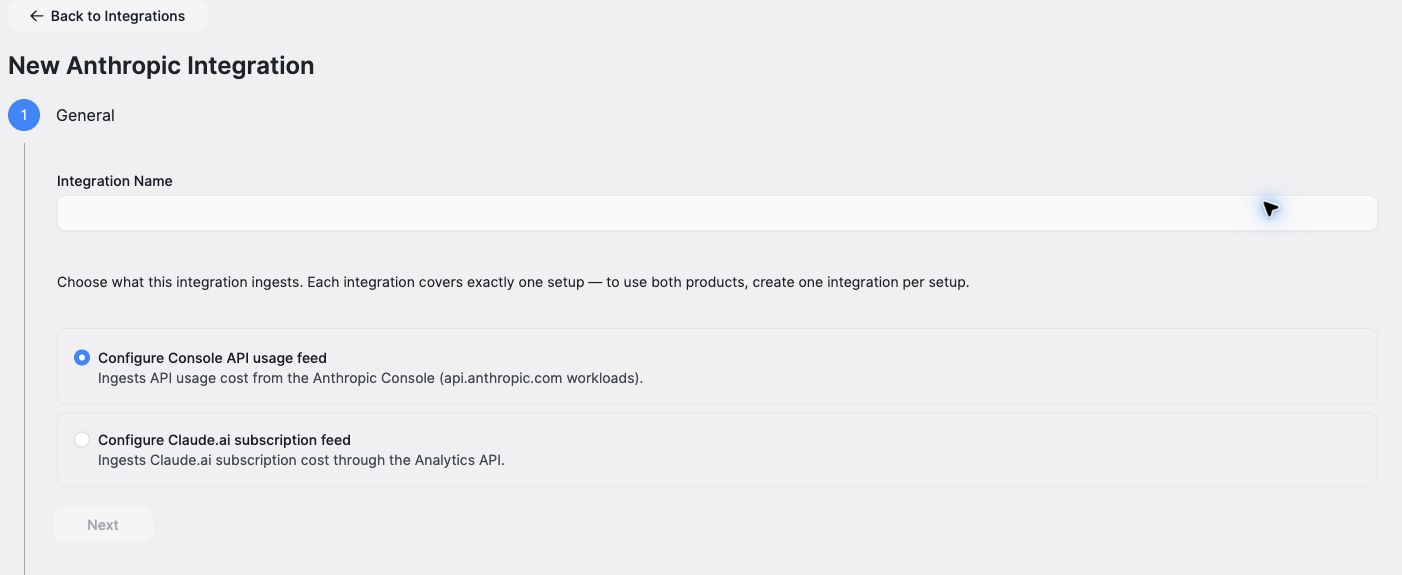 Anthropic General step with separate Console API usage and Claude.ai subscription feed options