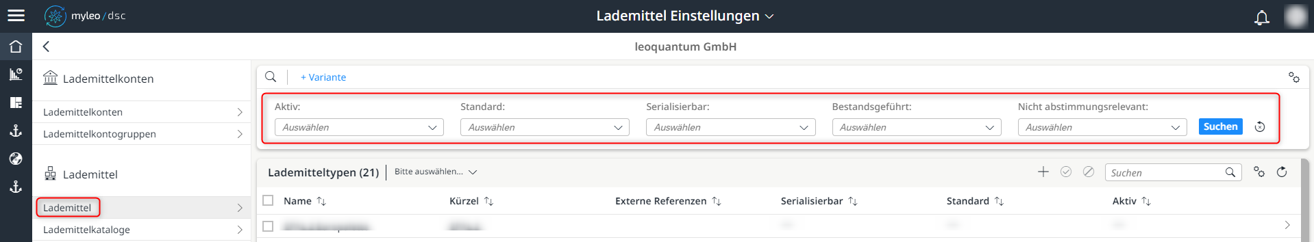 Neue Such- und Filterfunktionen innerhalb der Lademitteltypen