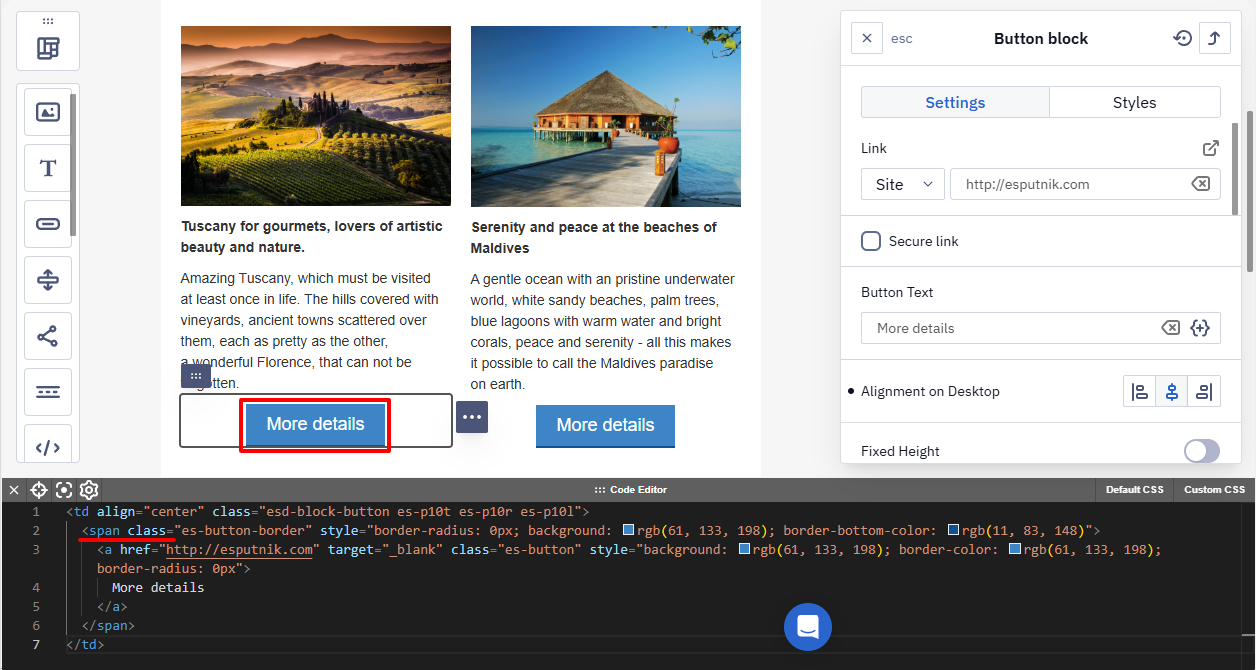 Email code editor with a duplicate span class attribute highlighted below the rendered email preview