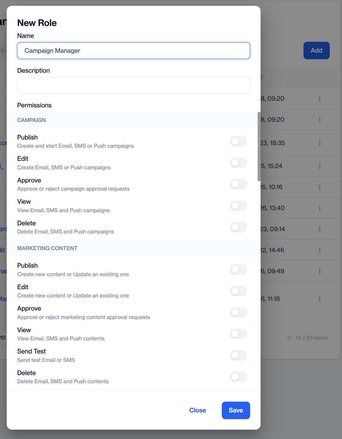 New Role window with Name and Description fields and permission switches grouped by category.