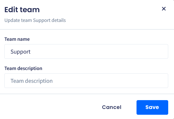 A screenshot of the dialog showing a message to confirm editing an inbopx team and the 'Save' and 'Cancel' buttons.