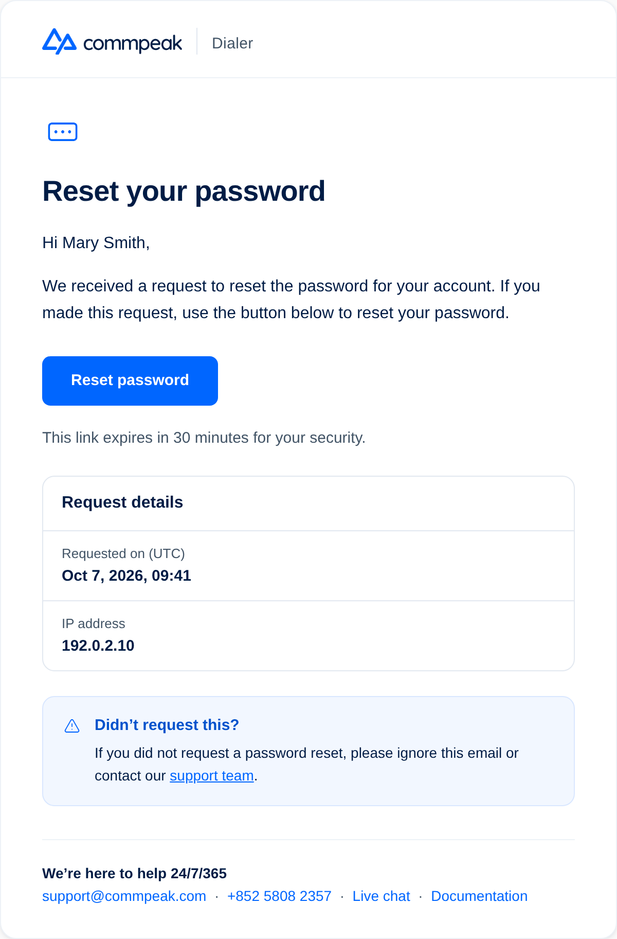 Screenshot of email with password reset link