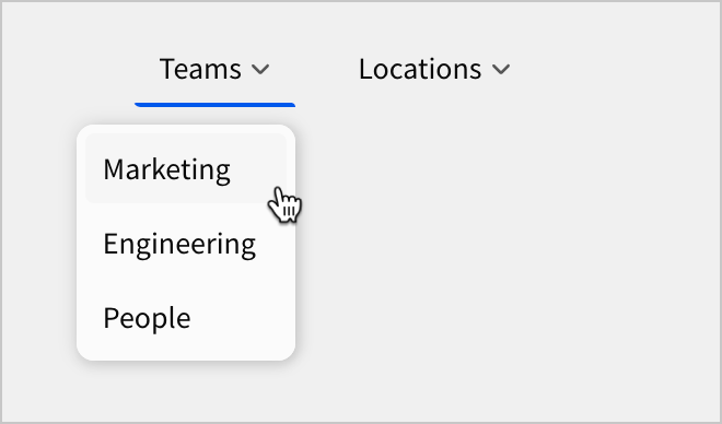 An open navigation submenu titled Teams shows options for Marketing, Engineering, and People