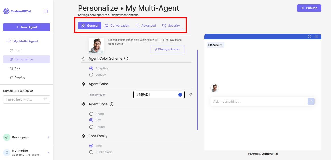Personalize options for master agent 