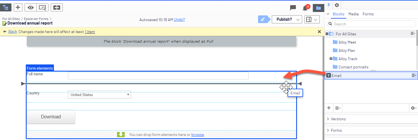 Screenshot of dragging a configured form element from a shared folder where reusing it in another form container