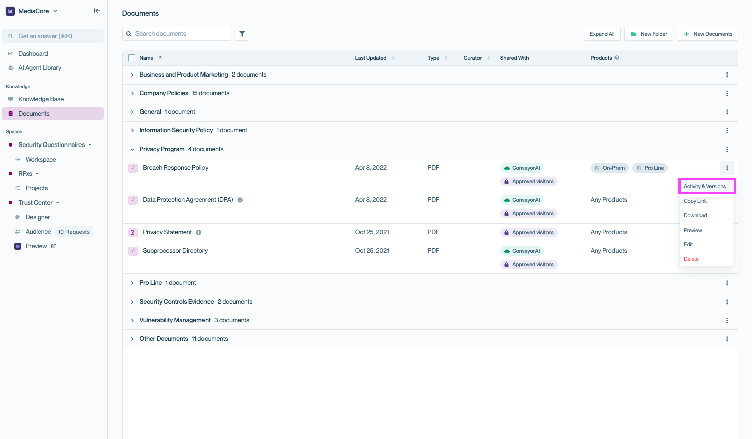 Documents tab in Conveyor showing a list of folders and files. The overflow menu for a document is open, and the cursor is highlighting the ‘Activity & Versions’ option to view document interactions and NDA signature records.