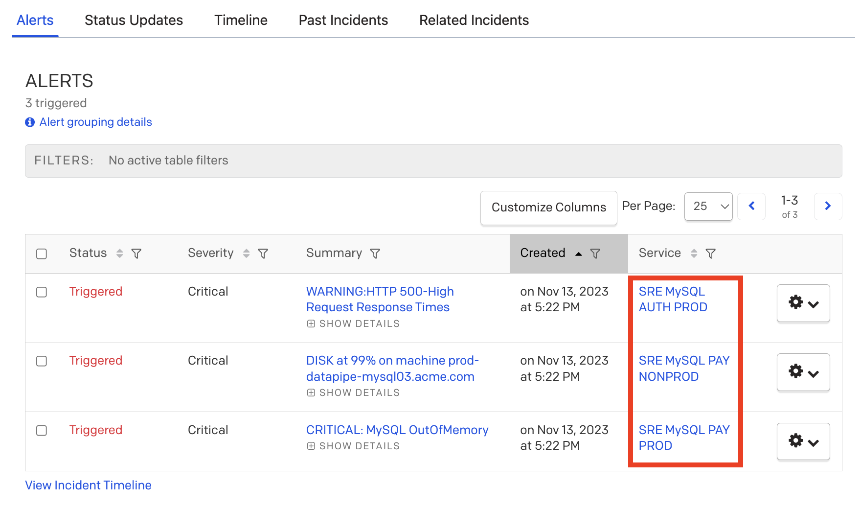 A screenshot of the PagerDuty UI detailing technical service names on an incident with the Alerts tab selected