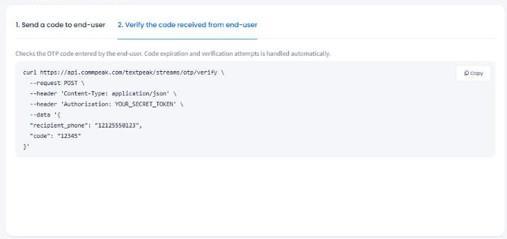 Screenshot of the Verify the code received from end-user tab showing the verify request example