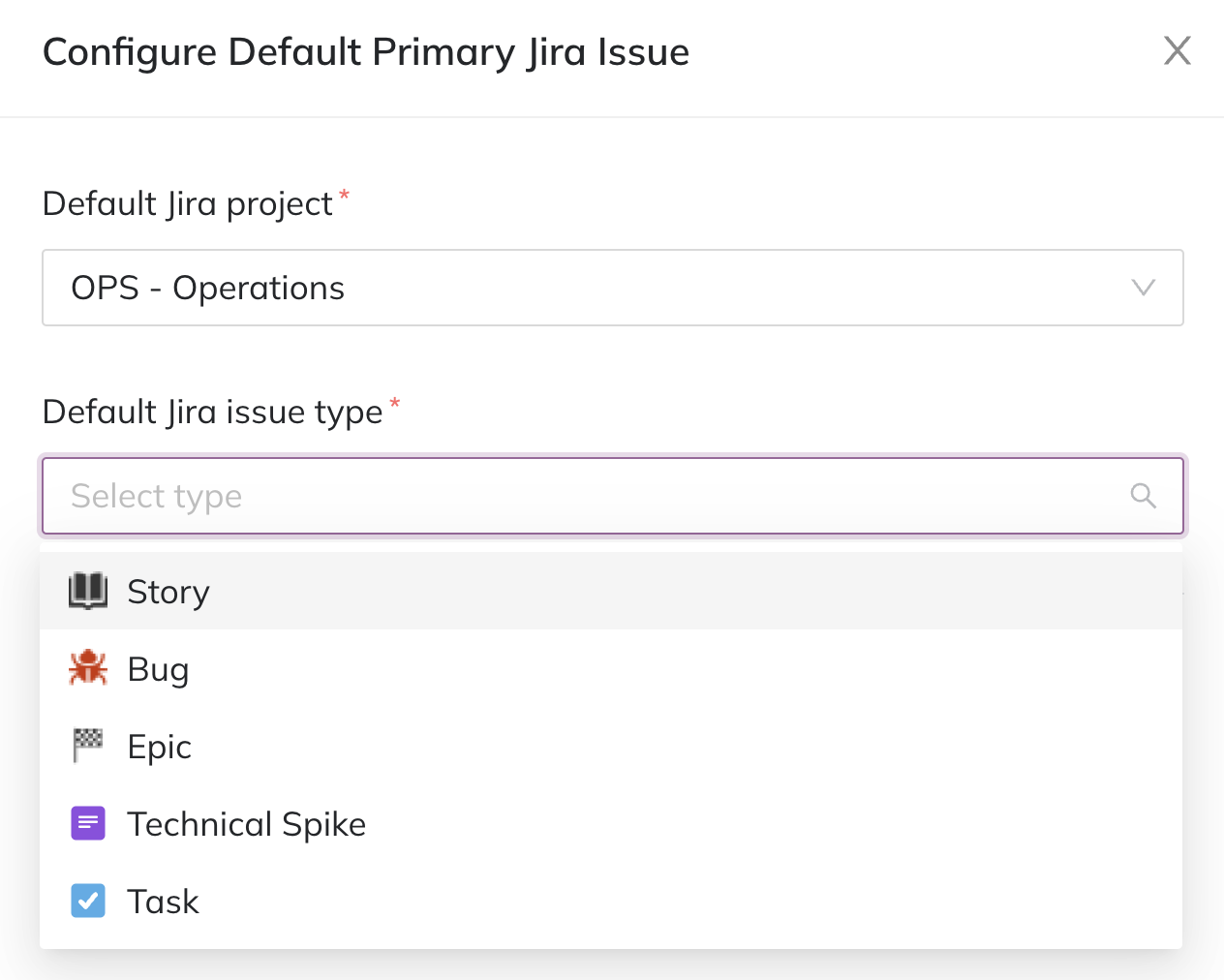 A screenshot of the Jeli web app UI detailing how to select a default Jira project and issue type