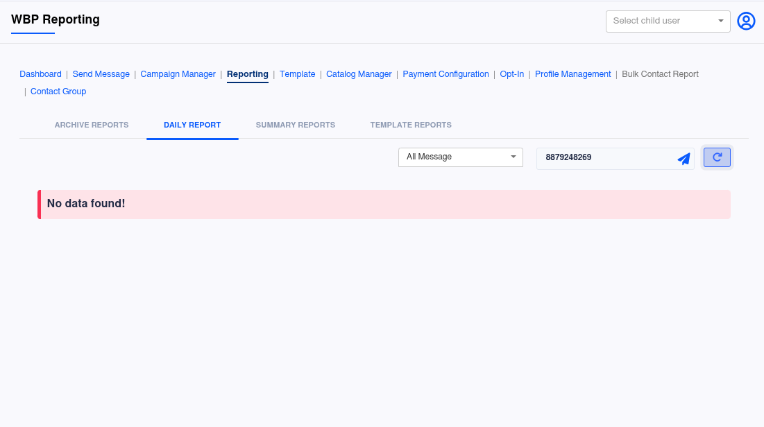 WhatsApp daily reports screen with message type and mobile number filters