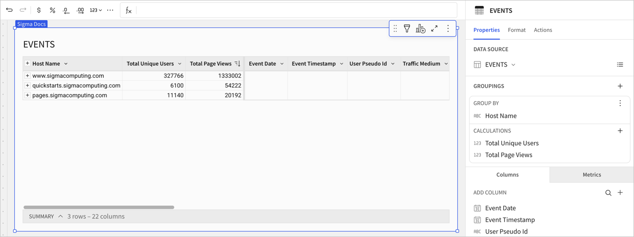 Collapsed grouped table showing only the grouped data. Other columns are still visible as headers but without values for the rows.
