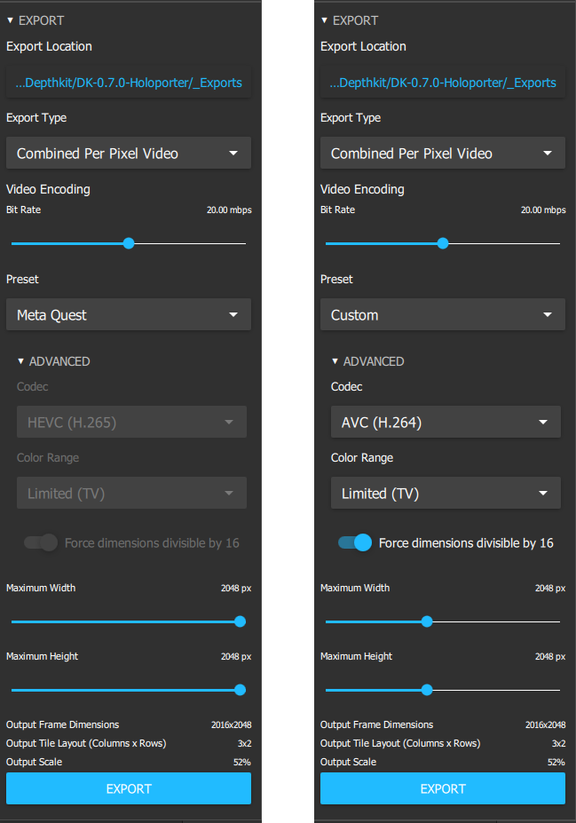A comparison between having the Meta Quest preset selected (left) versus selecting custom export settings (right).
