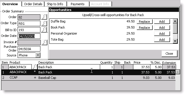 Example of the Opportunities window and Overview tab during order entry