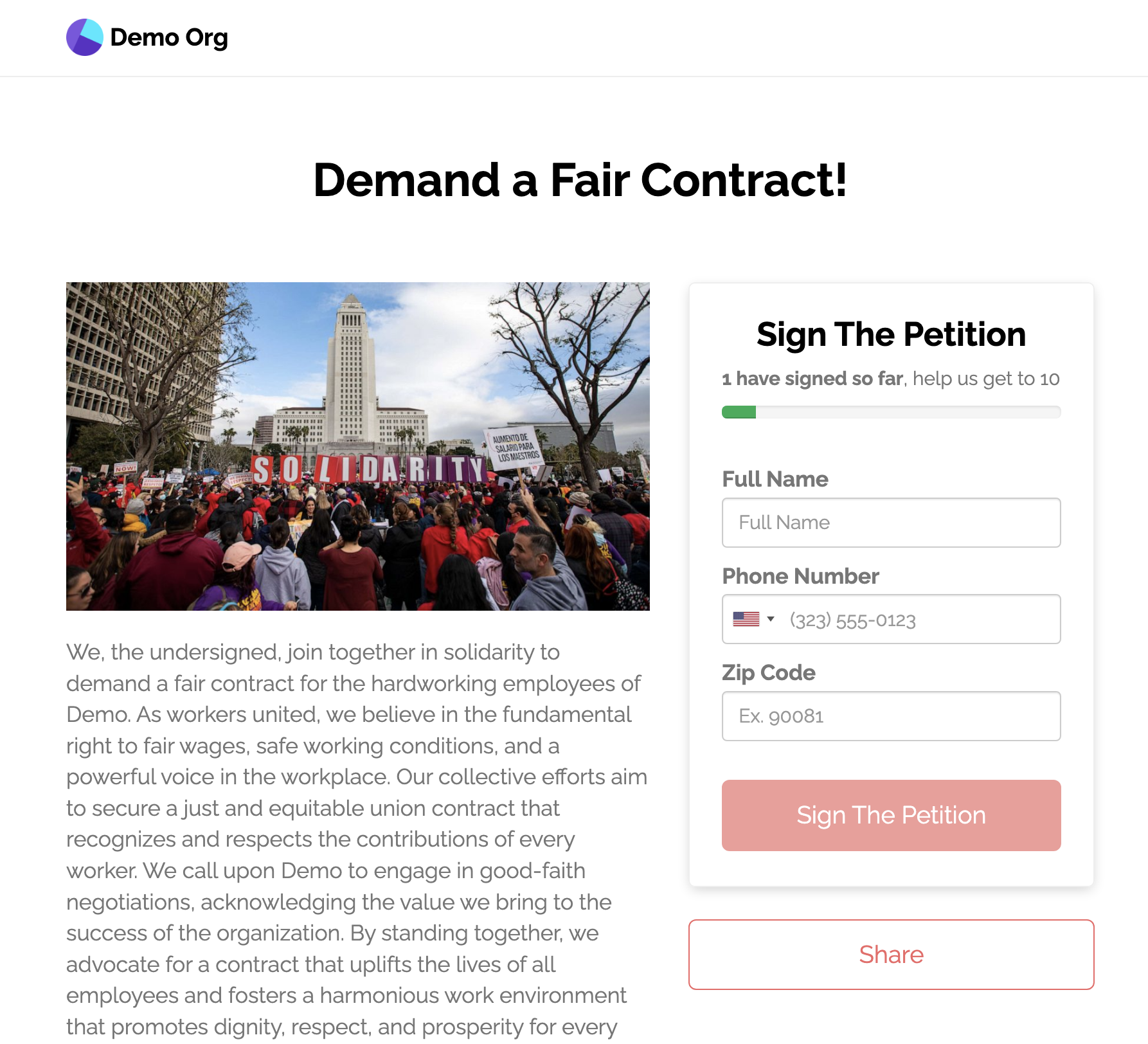 View a [petition page example her](https://demo.solidarity.tech/demand-fair-treatment)e