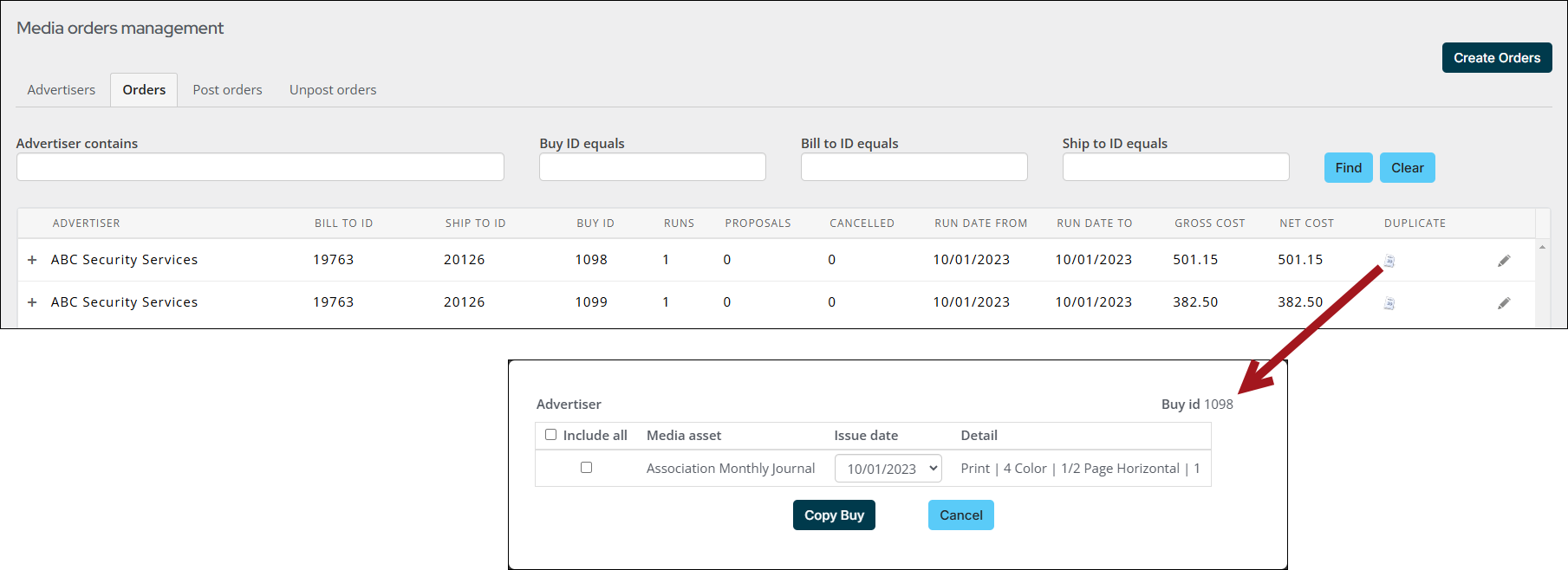 An arrow shows clicking the duplicate icon open the buy.