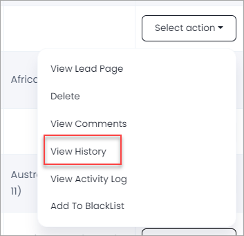 Screenshot of the view lead history action