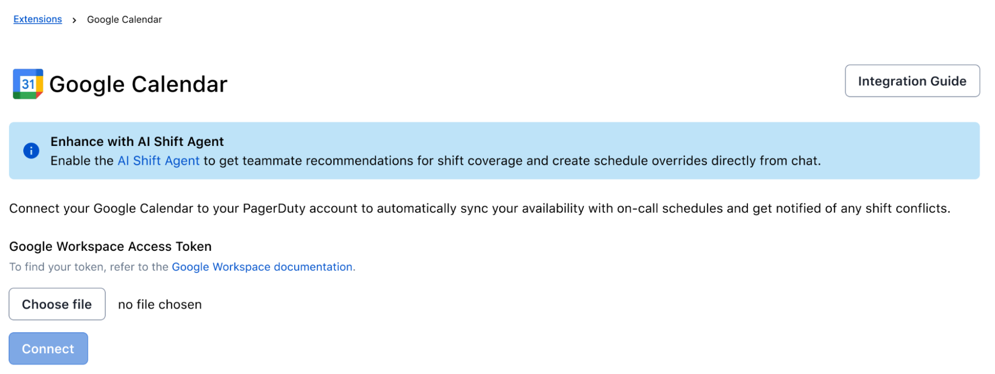 A screenshot of the PagerDuty web app prompting the user to upload their Google Workspace access token