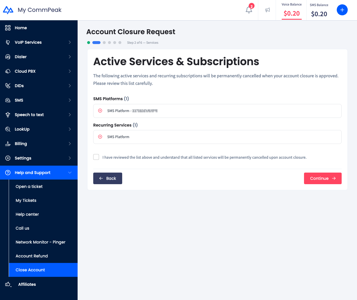 Screenshot of the Account Closure Request: Step 2