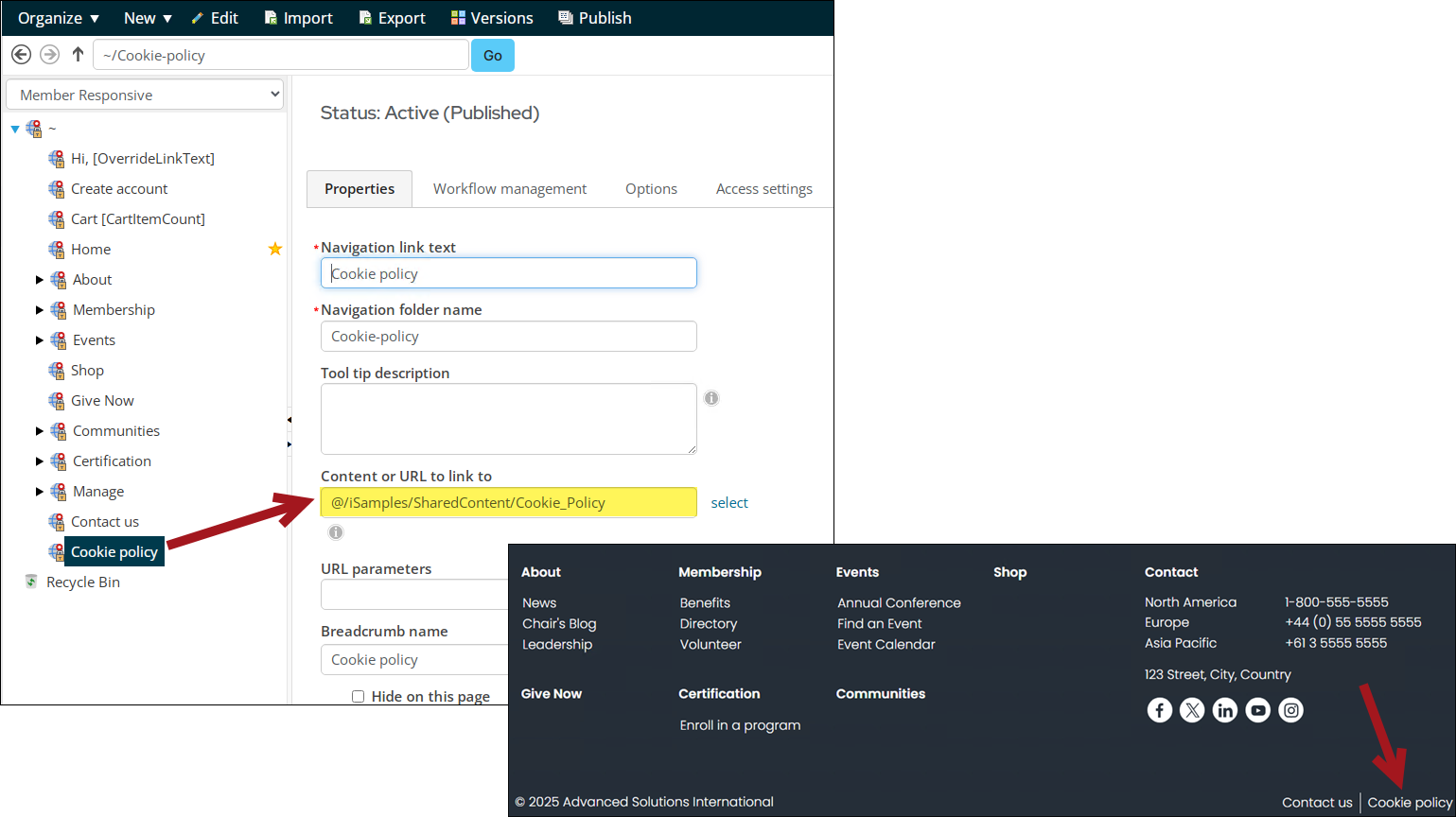 Updating the out of the box cookie policy in the sitemap