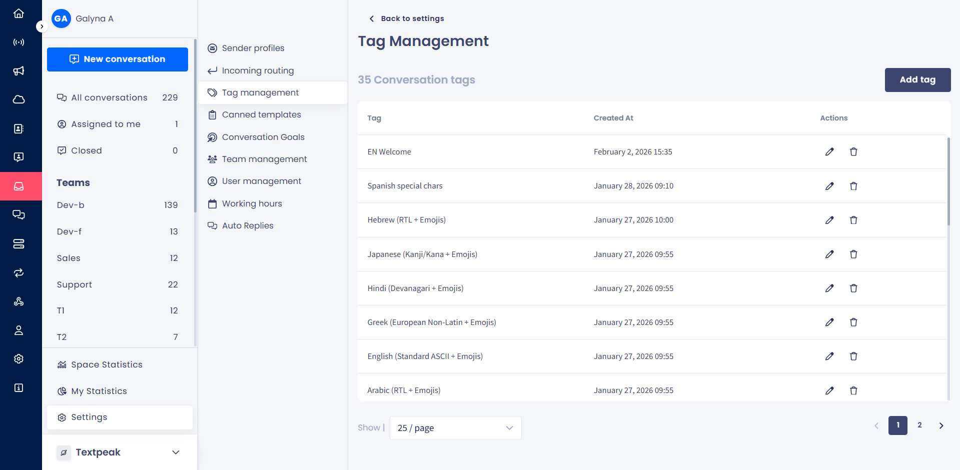 A screenshot of the Inbox > Settings > Tag Management page