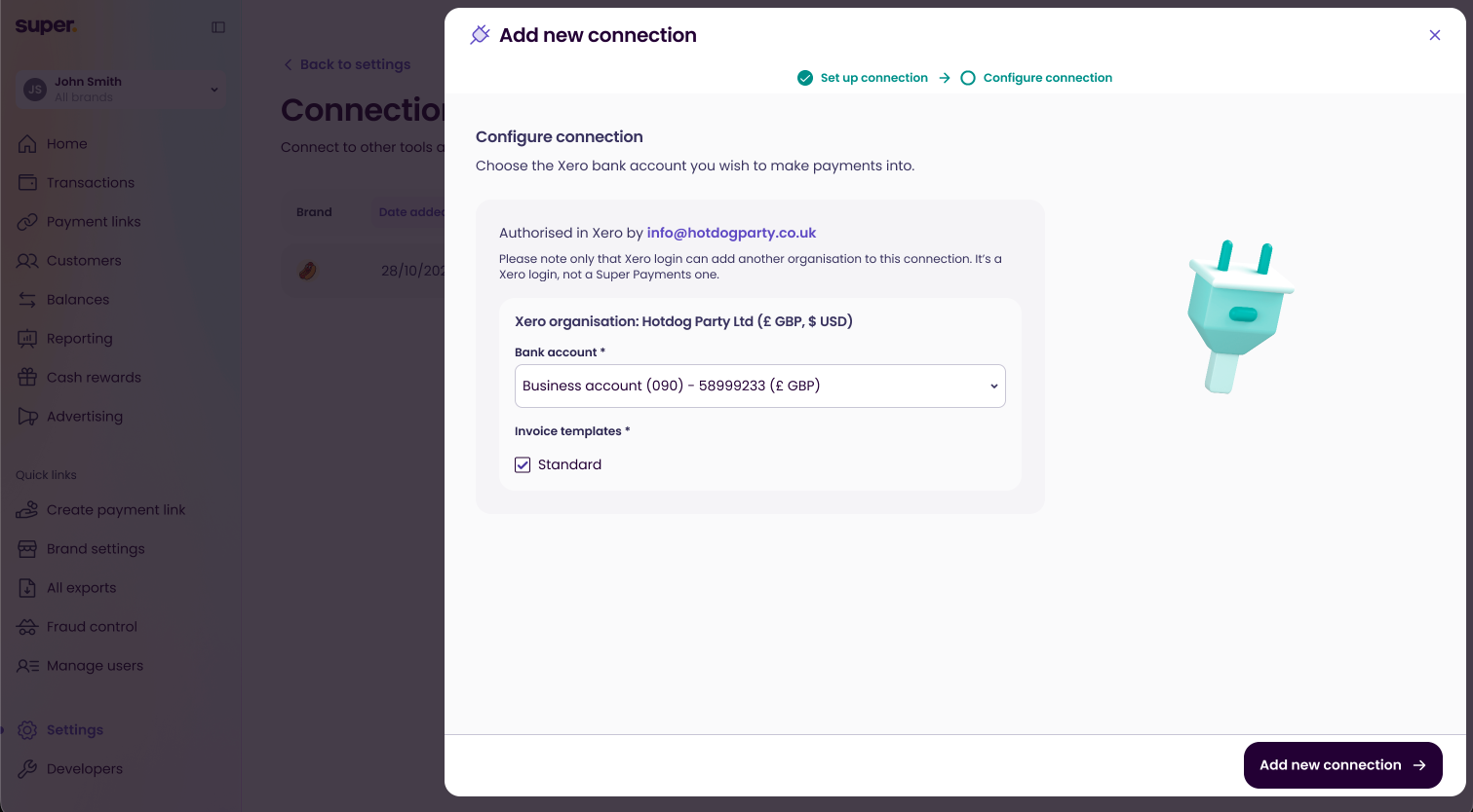 Bank account and invoice template chosen