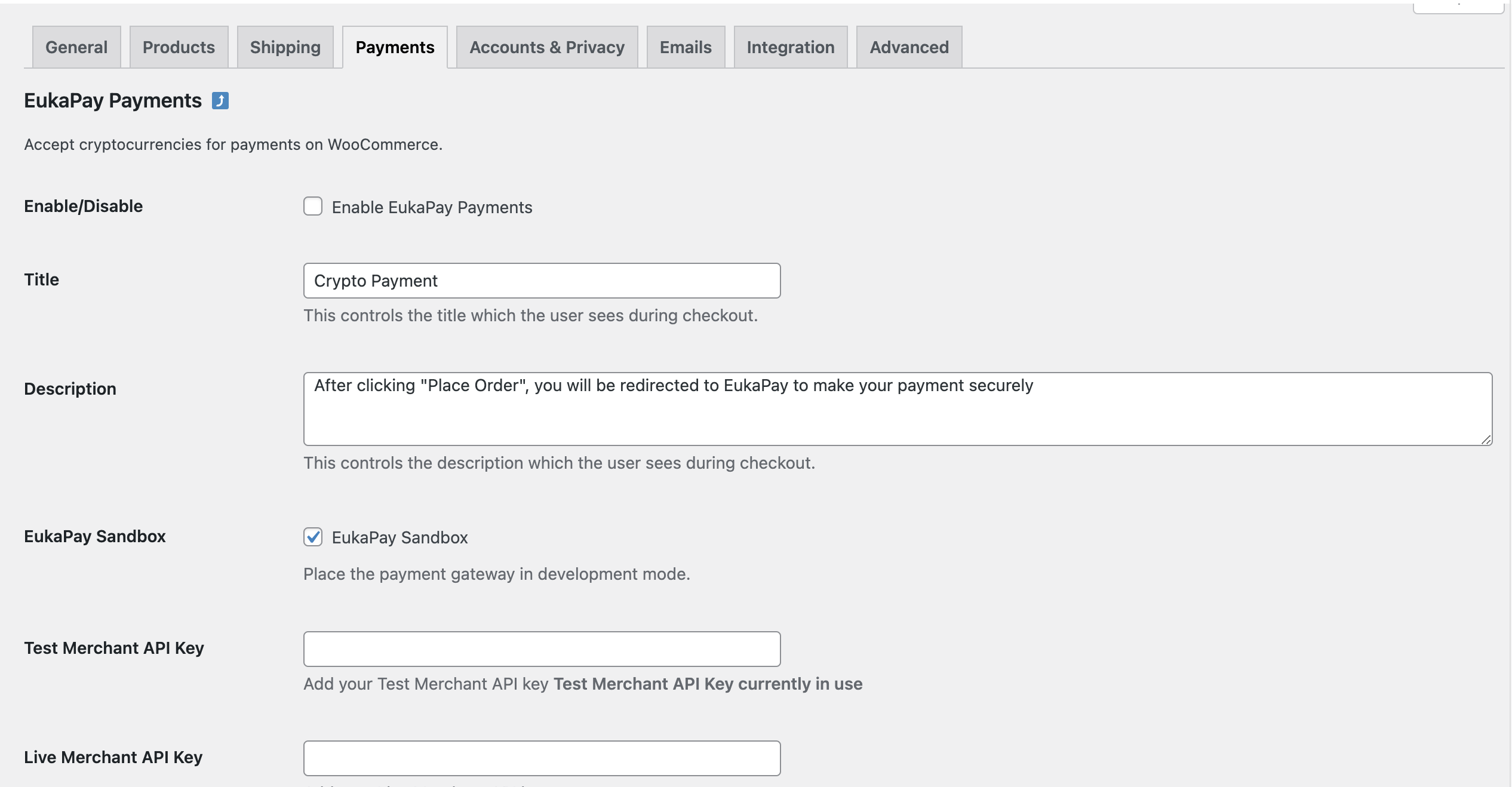 EukaPay WooCommerce Settings