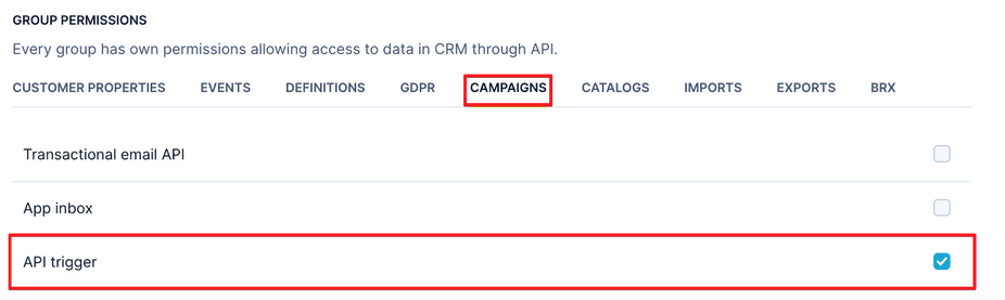 API trigger permission selected under the Campaigns tab in Access Management.