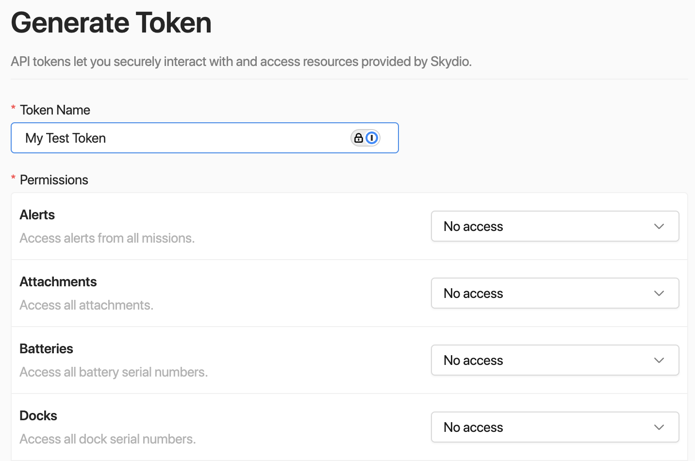 API Token permissions configuration.