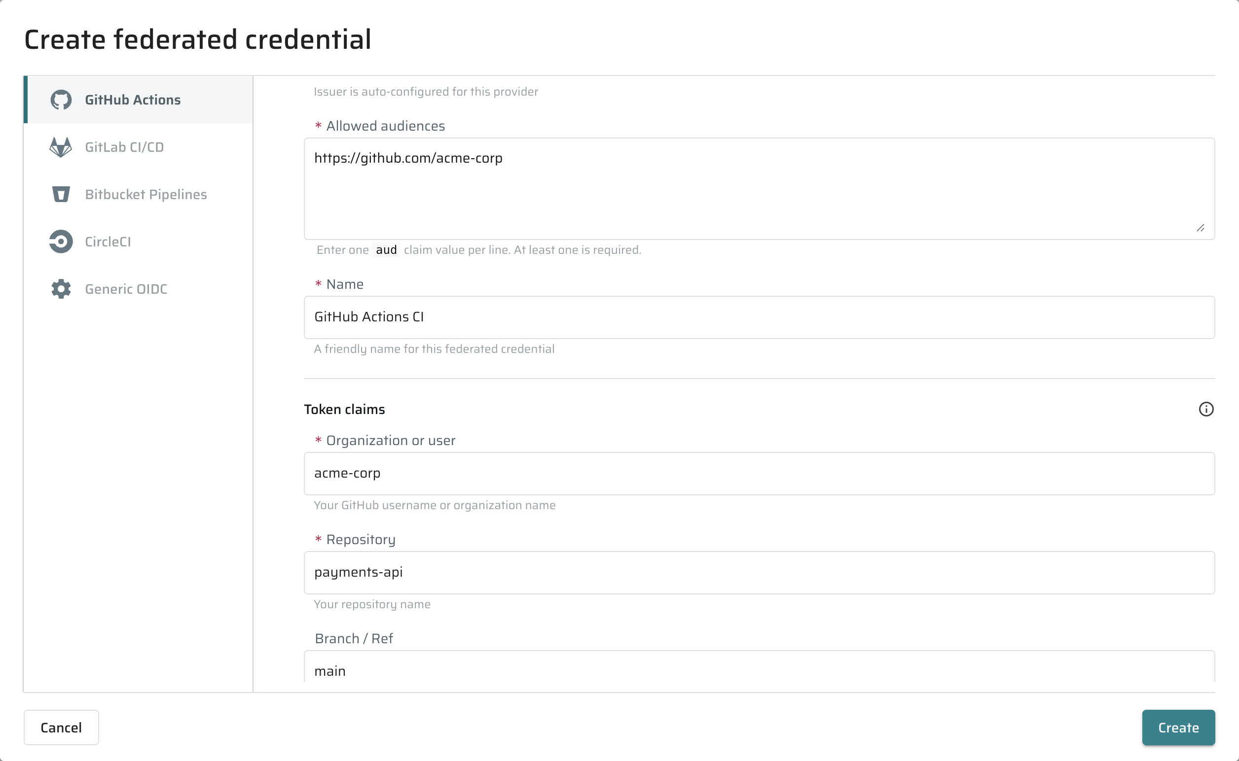 Create federated credential dialog