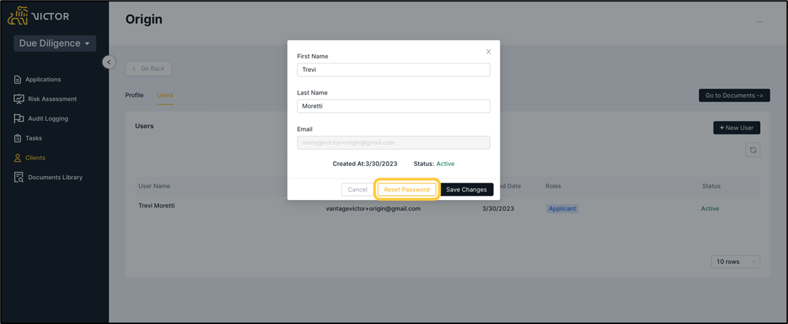 Figure 15. Client User Modal Password Reset