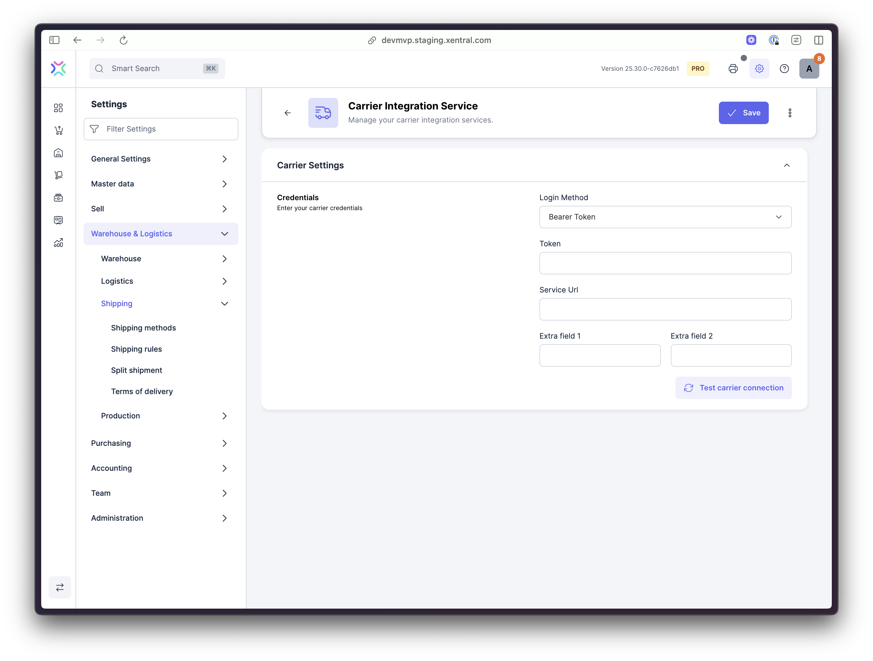 The initial configuration screen of the Carrier Service in Xentral (settings > Warehouse & Logistics > Shipping > Shipping Method > Add > Carrier Integration Service)