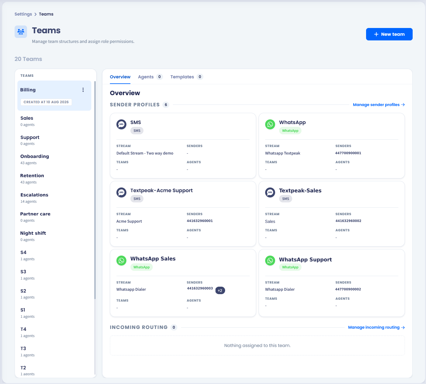 Screenshot of the Teams page with the TEAMS panel on the left and the Agents tab open on the right