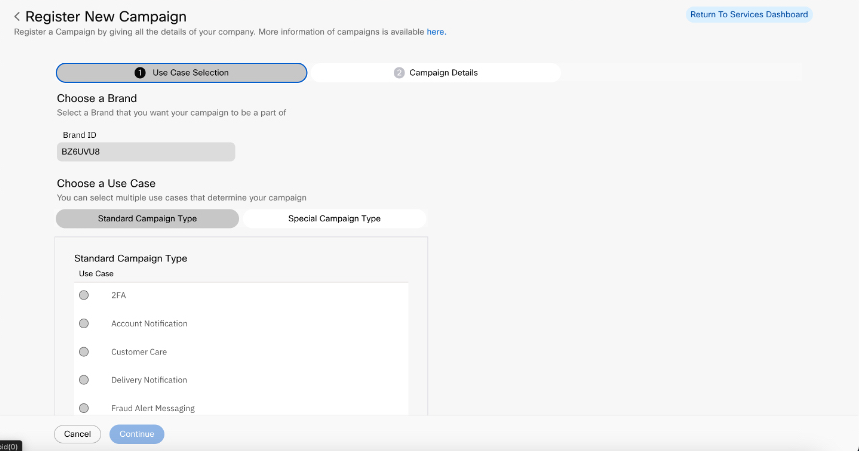 Screenshot of Register New Campaign-Use Case Sekection