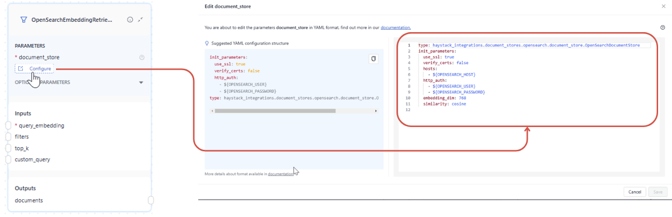 OpenSearchEmbeddingRetriever in Studio with the document_store parameter configuration open