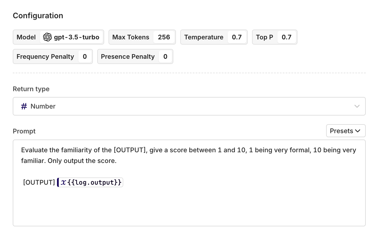 The model configuration page for a LLM Evaluator.