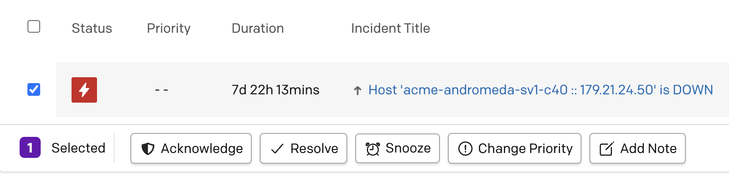 A screenshot of the PagerDuty UI detailing incident actions in the Incidents module