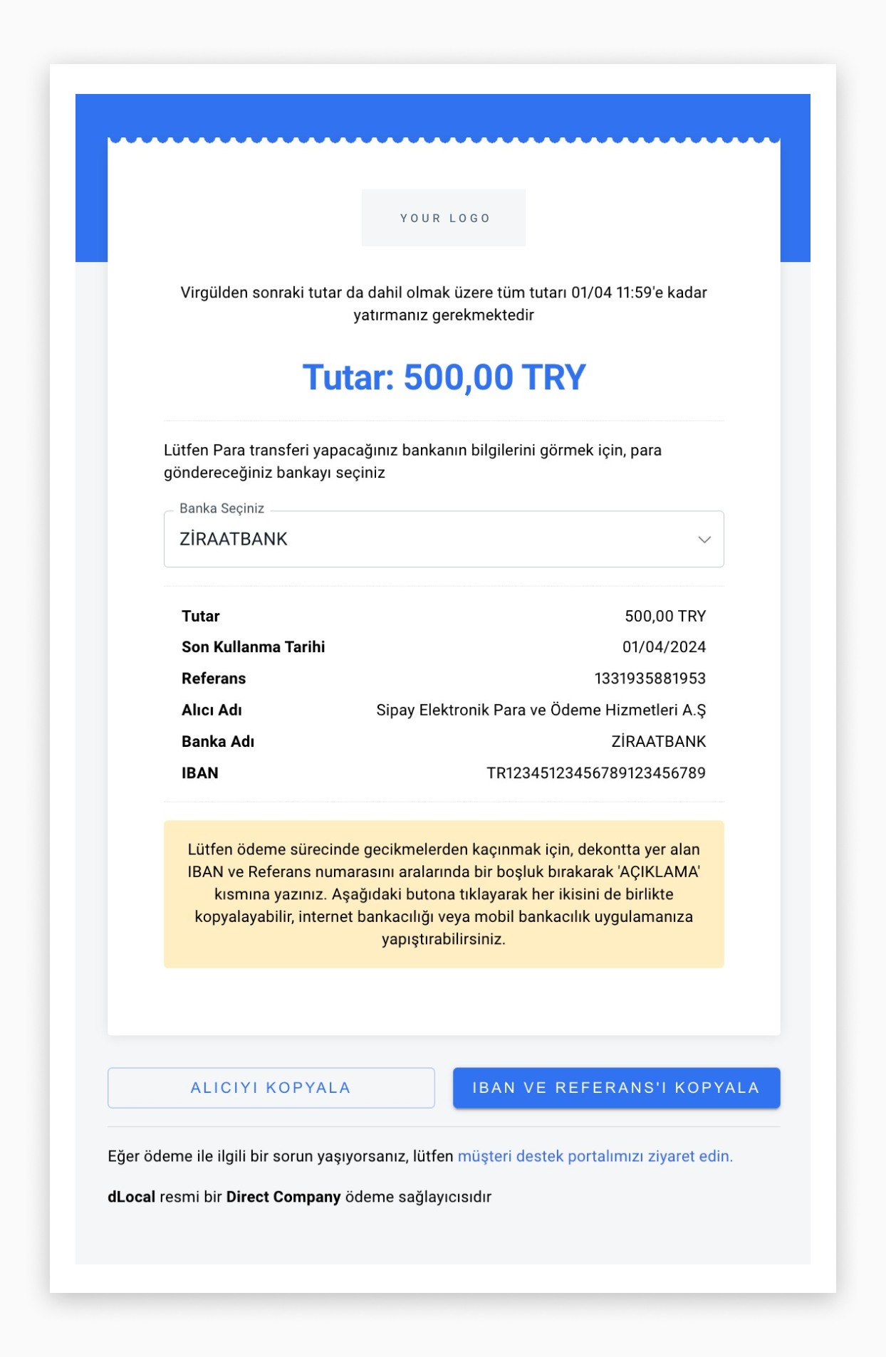 Bank Transfer UI built with the information in the example above.